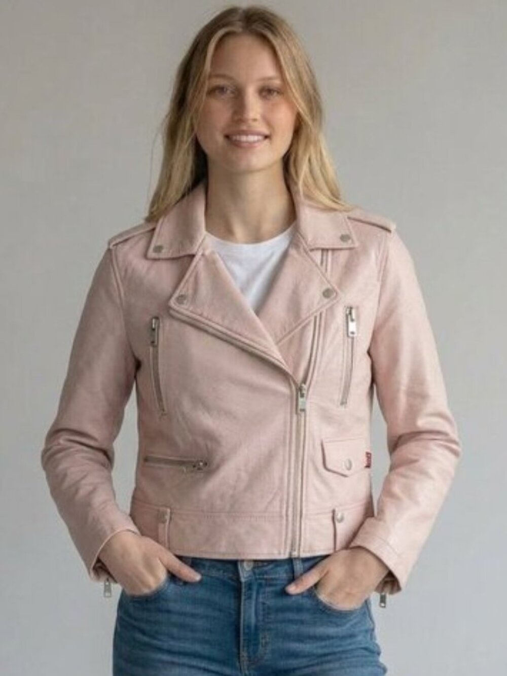 Levi's Pastel Pink Rose Faux Leather Moto Biker Cropped Jacket Women's S